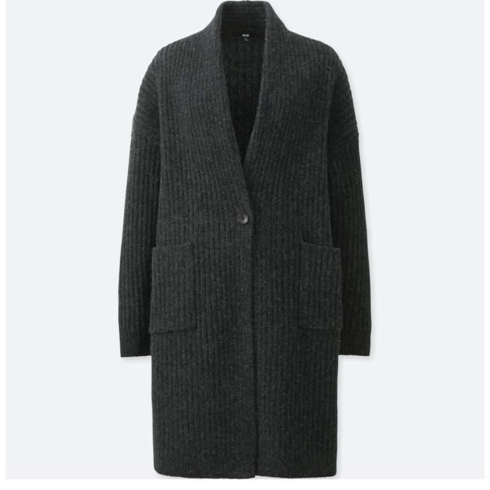 UNIQLO 100% Wool Ribbed Knit Pockets Longlined Dark Grey Cozy Fall Cardigan